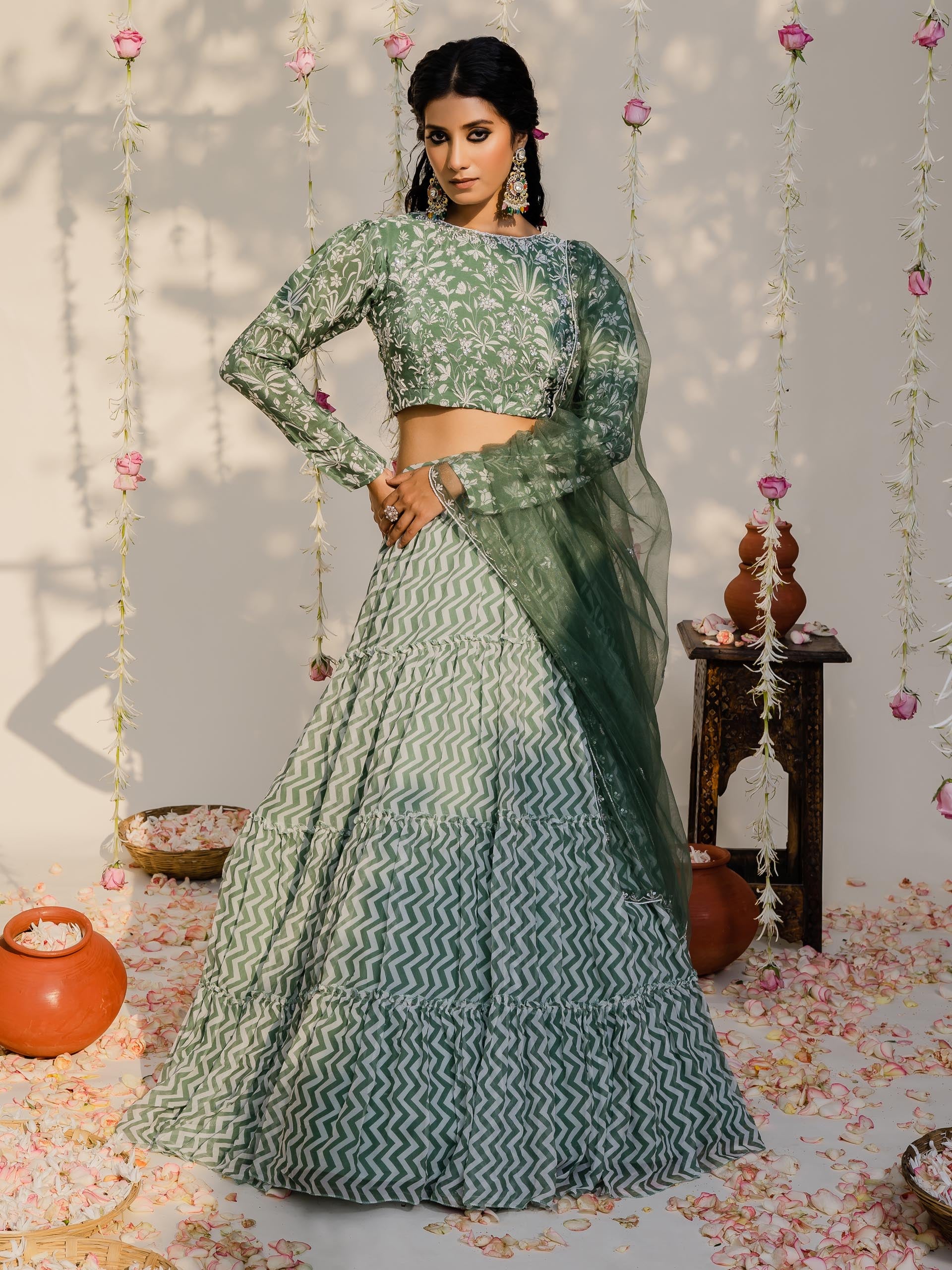 Floral Olive Green Tier Lehenga Set image 5