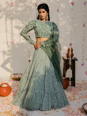 Floral Olive Green Tier Lehenga Set image 5