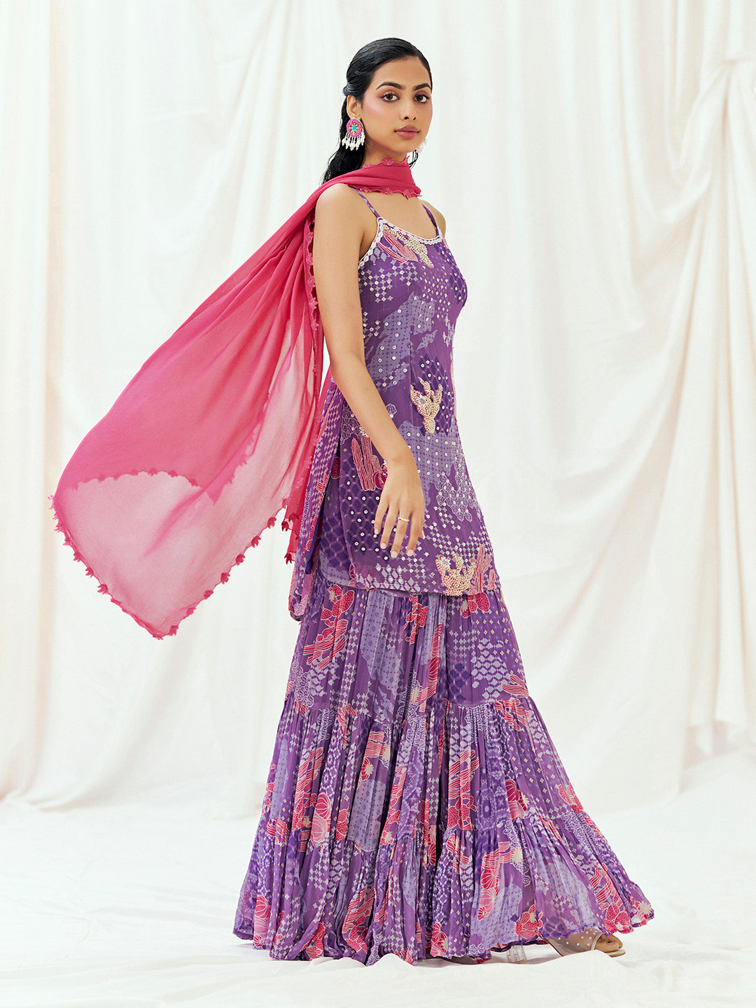Violet Printed Embroidered Sharara Suit Set with Dupatta image 1