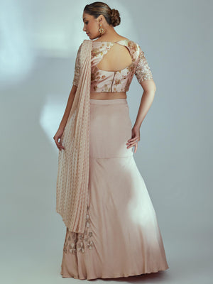 Nude Embroidered Pre Draped Dupatta Set image 2