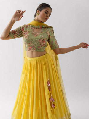 Sunflower Lehenga with Green Floral Blouse image 4