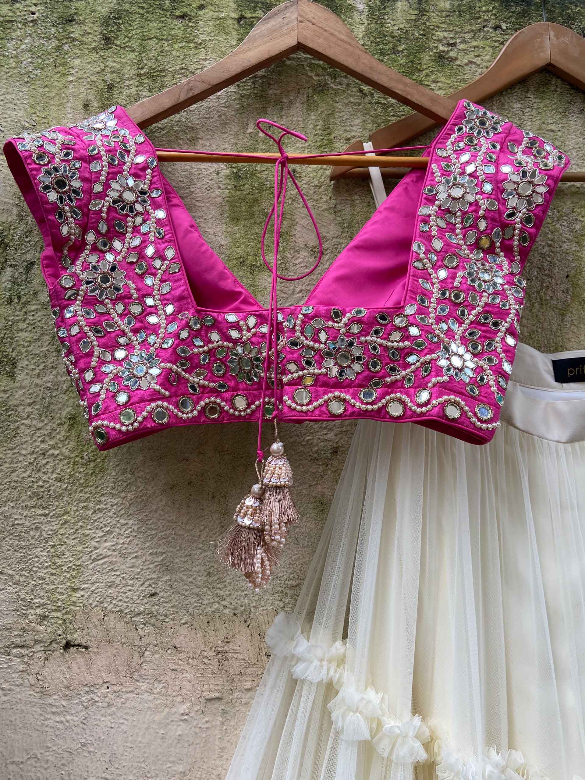 Ivory and Fuchsia Mirror Ruffle Lehenga Set image 3