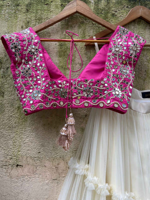 Ivory and Fuchsia Mirror Ruffle Lehenga Set image 3