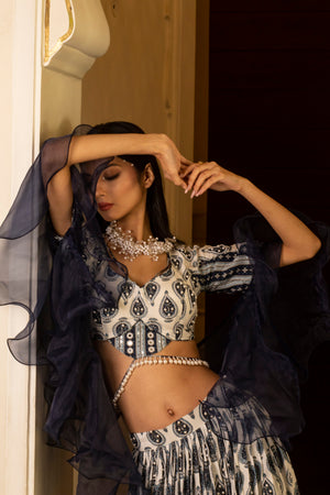 White Printed Tie-at-Waist Blouse and Skirt Set image 1