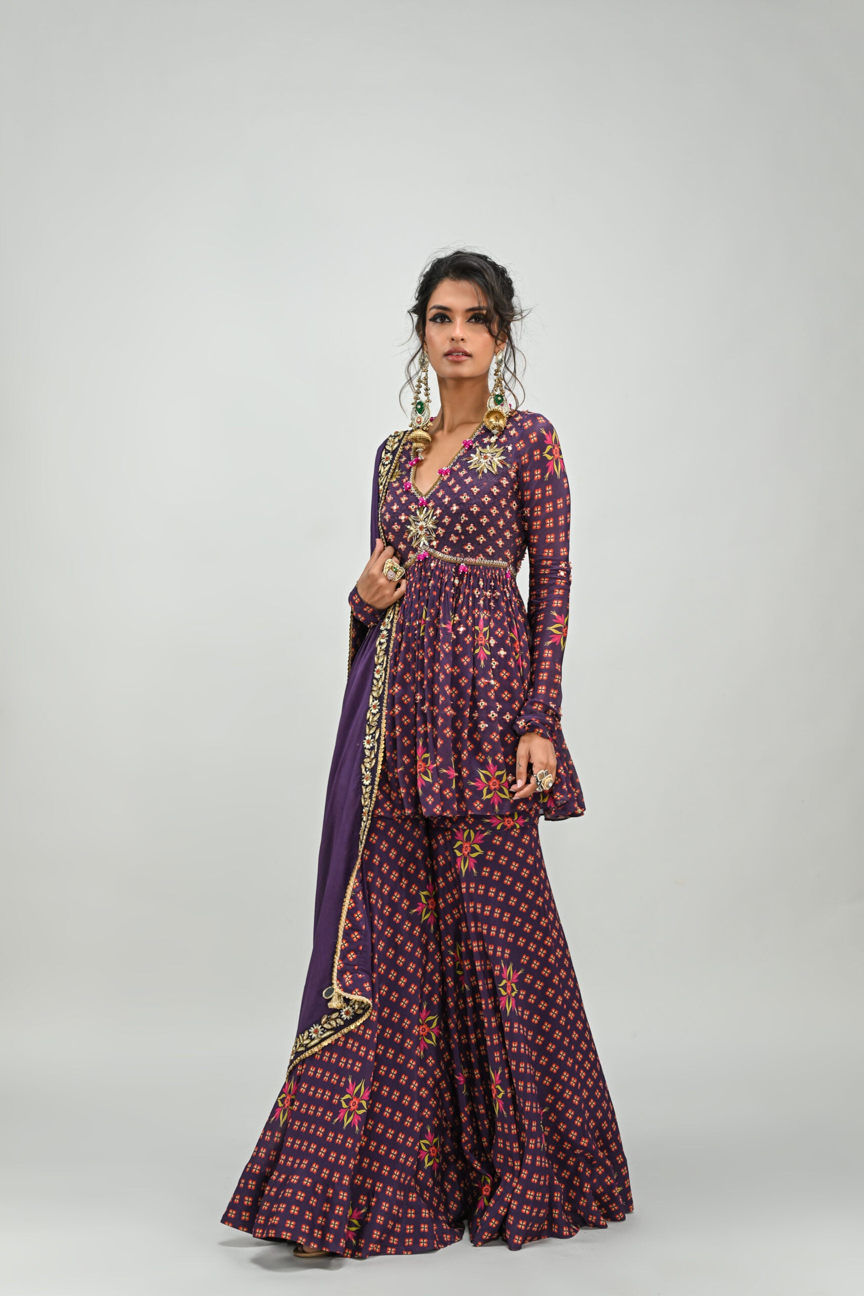 Plum Highlighted Sharara Set With Dupatta - L image