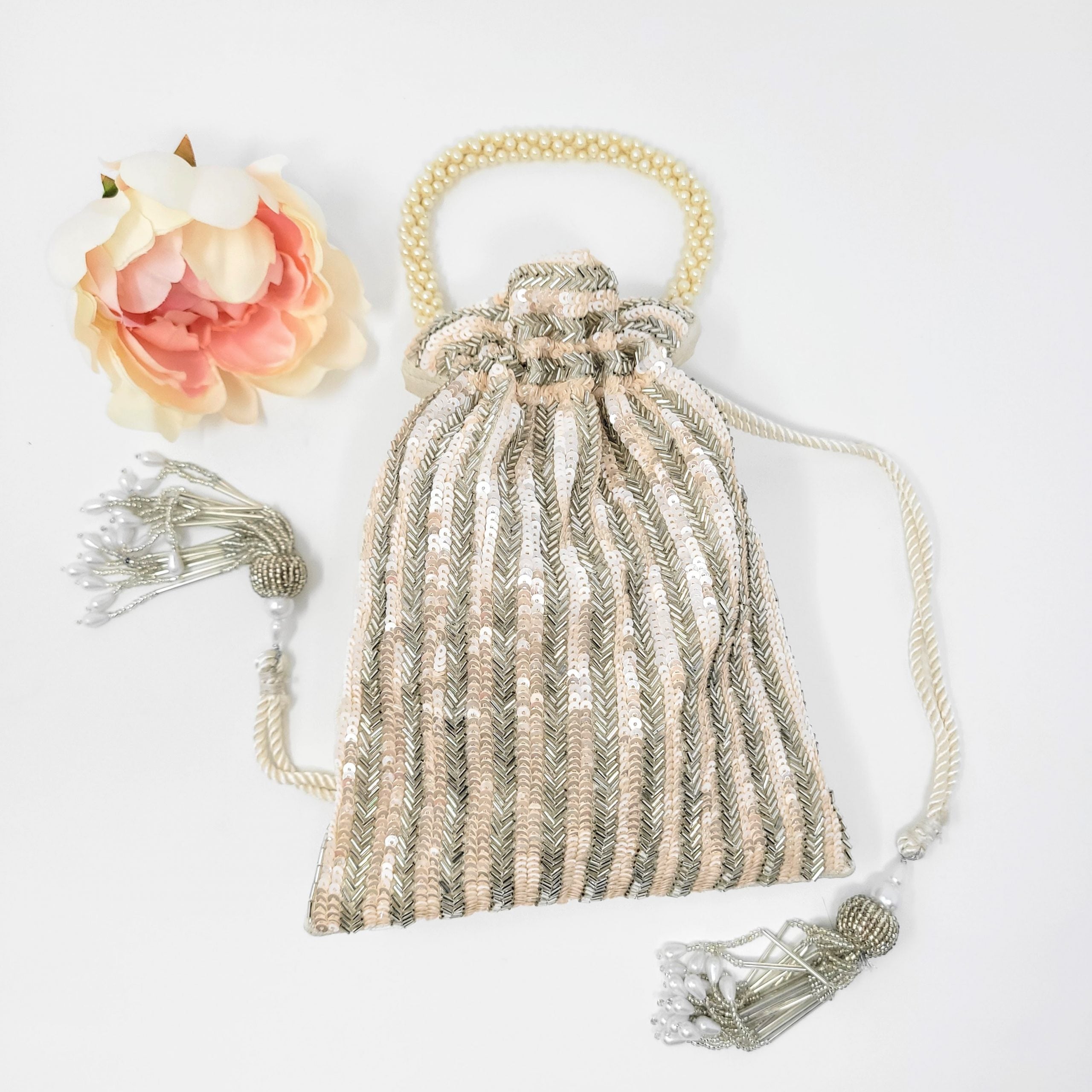 White Sequins and Beads Potli Bag image 1