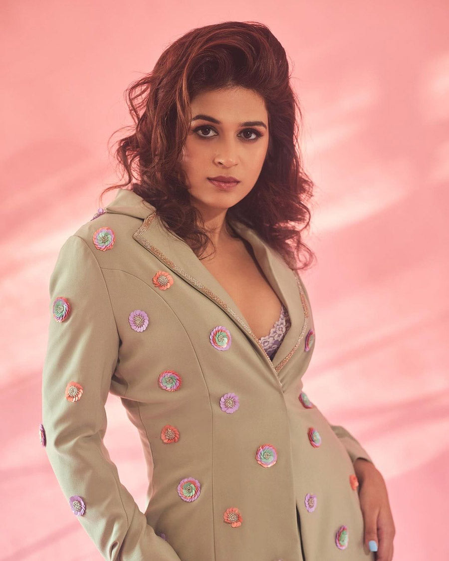 Dust Green Pant Suit with 3D Floral Embroidery image 4