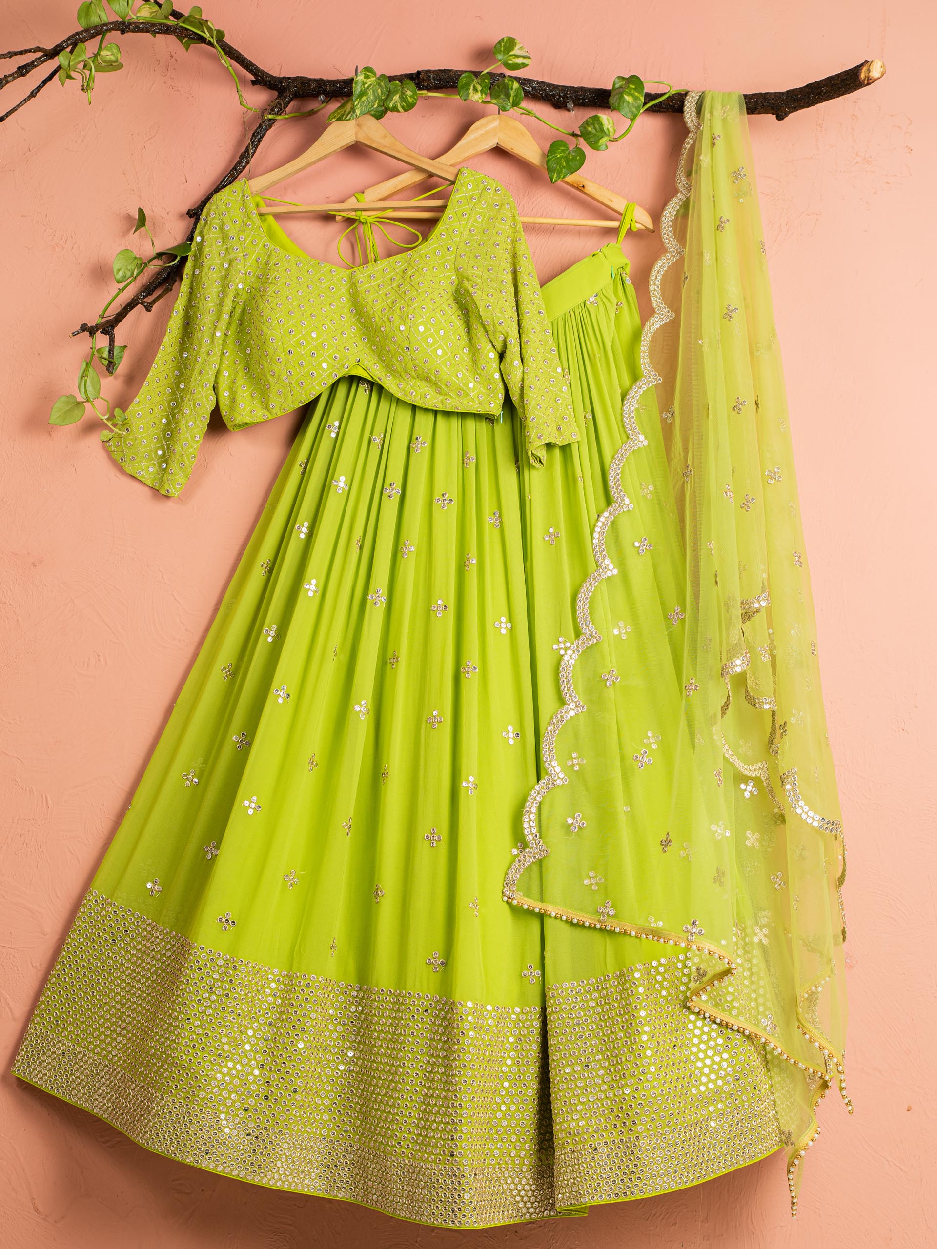 Lime Green Shimmer Lehenga Set image 0