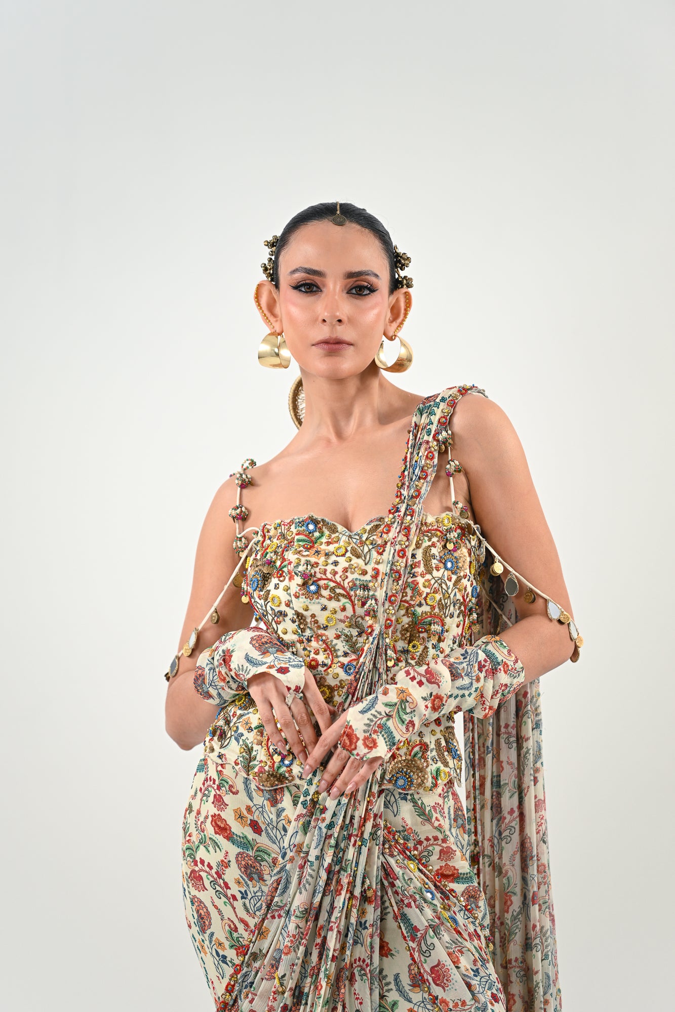 Highlighted Pre Stitched Peacock Saree Paired with Printed Highlighted Peacock Blouse image 3