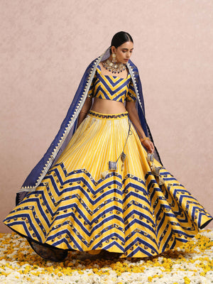 Yellow and Ink Blue Color Block Lehenga Set - XL image