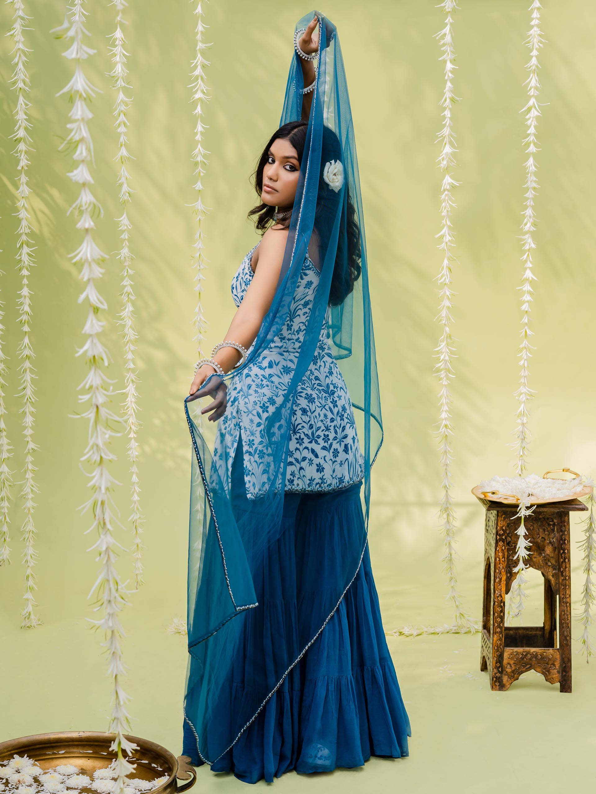 Teal Blue Embroidered Sharara Set image 2