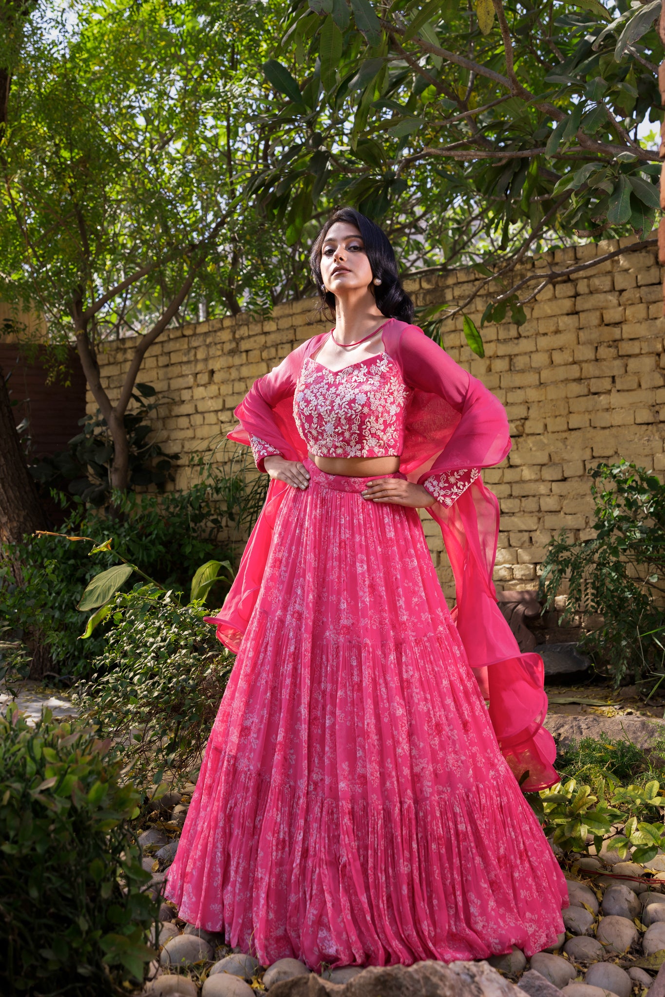 Pink Georgette &amp; Net Layered Lehenga Set image 1
