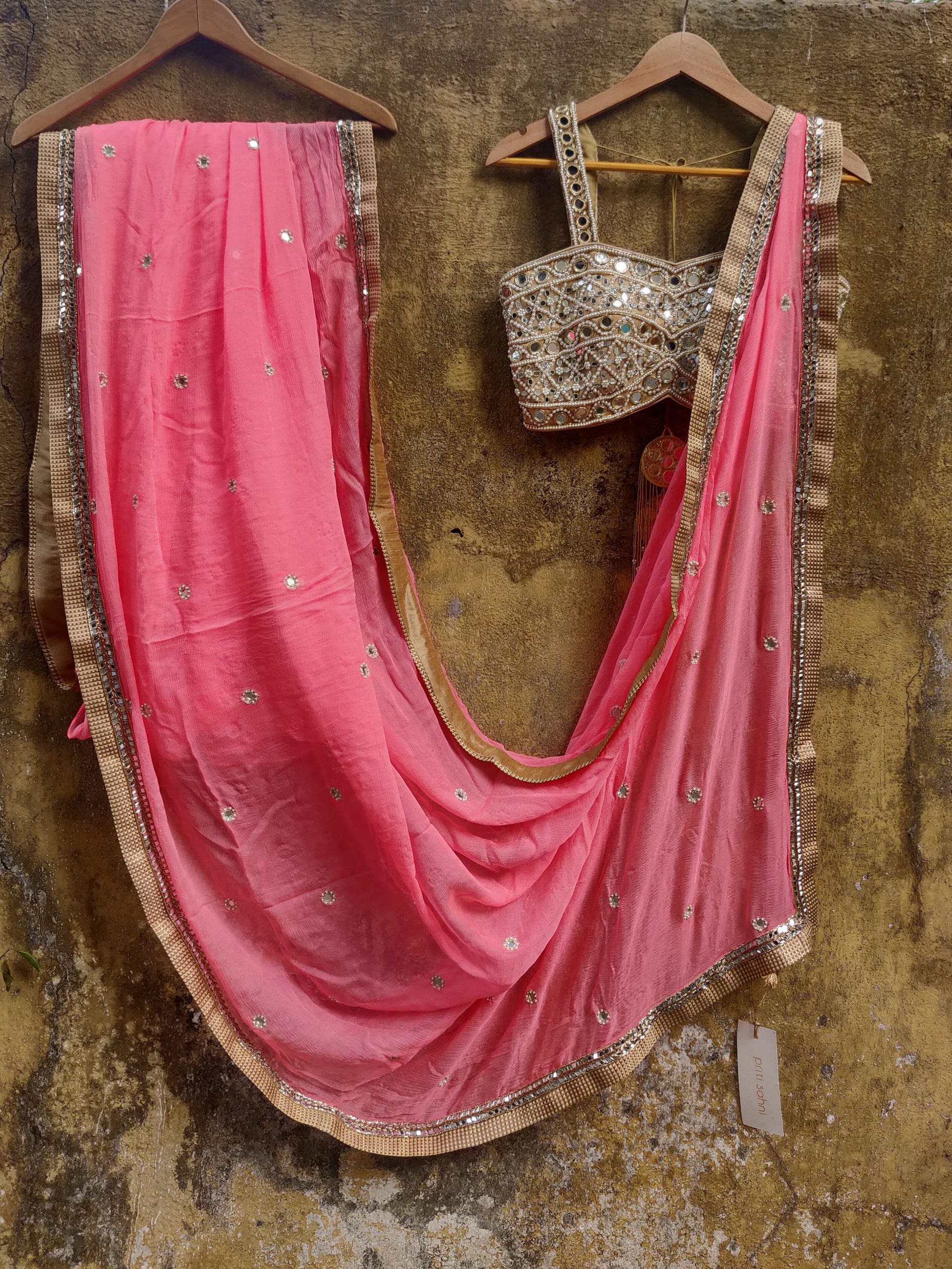 Peach Chiffon Saree with Mirror Bustier - S image