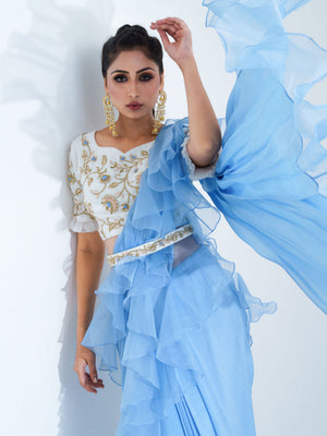 Pre Drape Light Blue Saree Set image 2