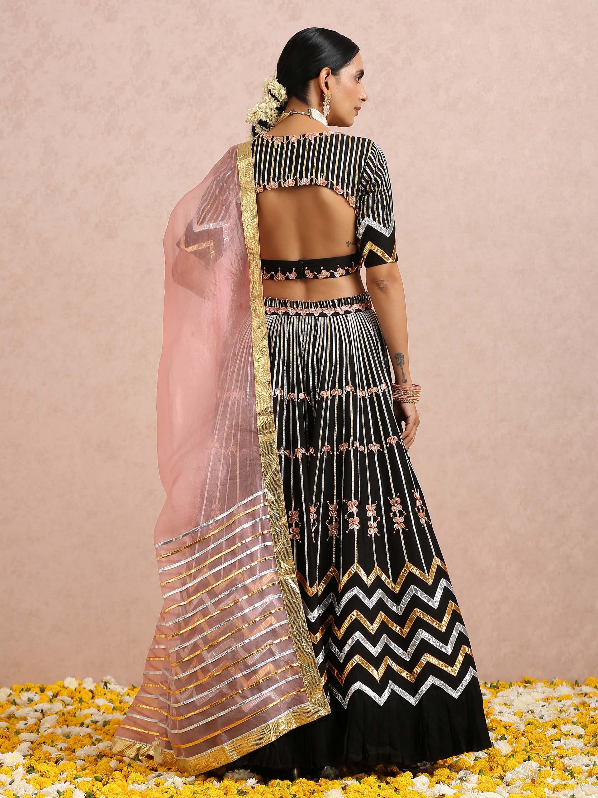 Black Embroidered Stripe Lehenga Set image 8