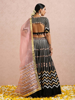 Black Embroidered Stripe Lehenga Set image 8