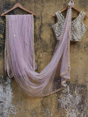 Dust Pink Net Saree with Pearl and Mirror Work Blouse - S image