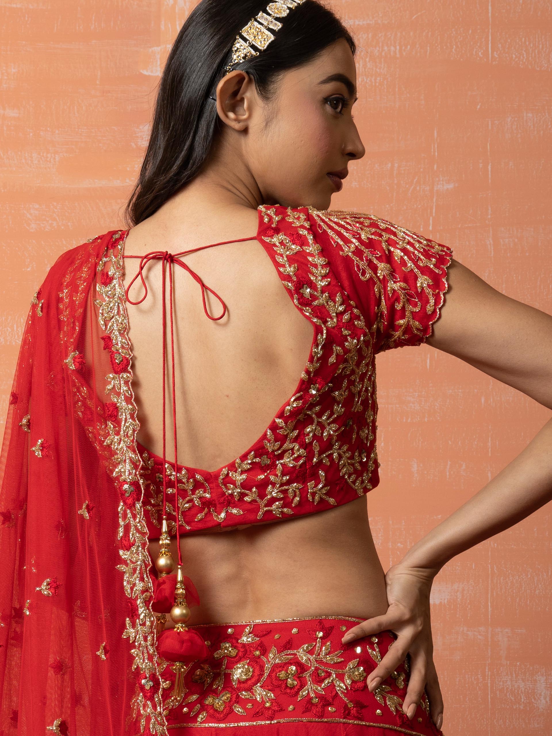 Red Bridal Net Lehenga Set image 2