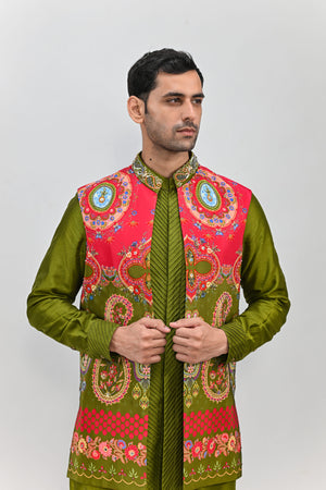 Olive Green Highlighted Half Jacket Full Set image 3