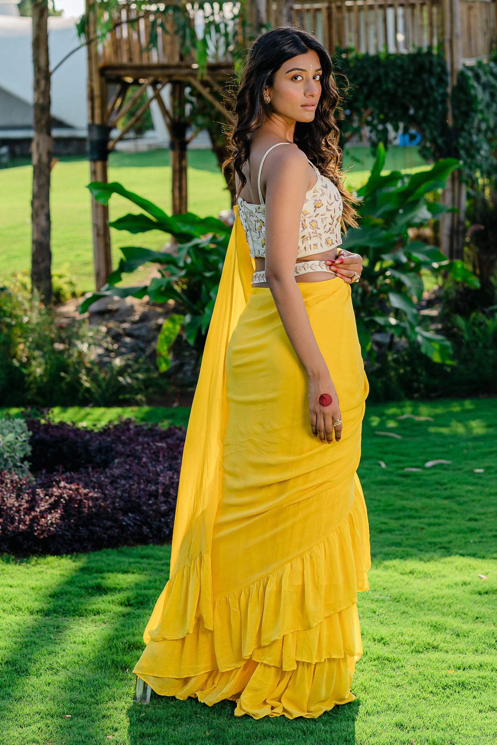 Yellow Embroidered Drape Saree Set with Belt image 6