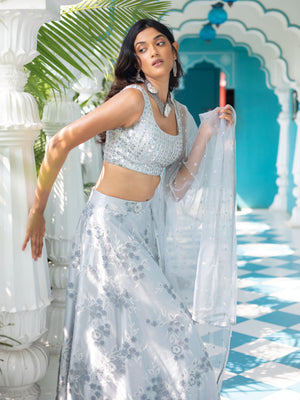 Grey Floral Bead Sequins Lehenga Set - L image
