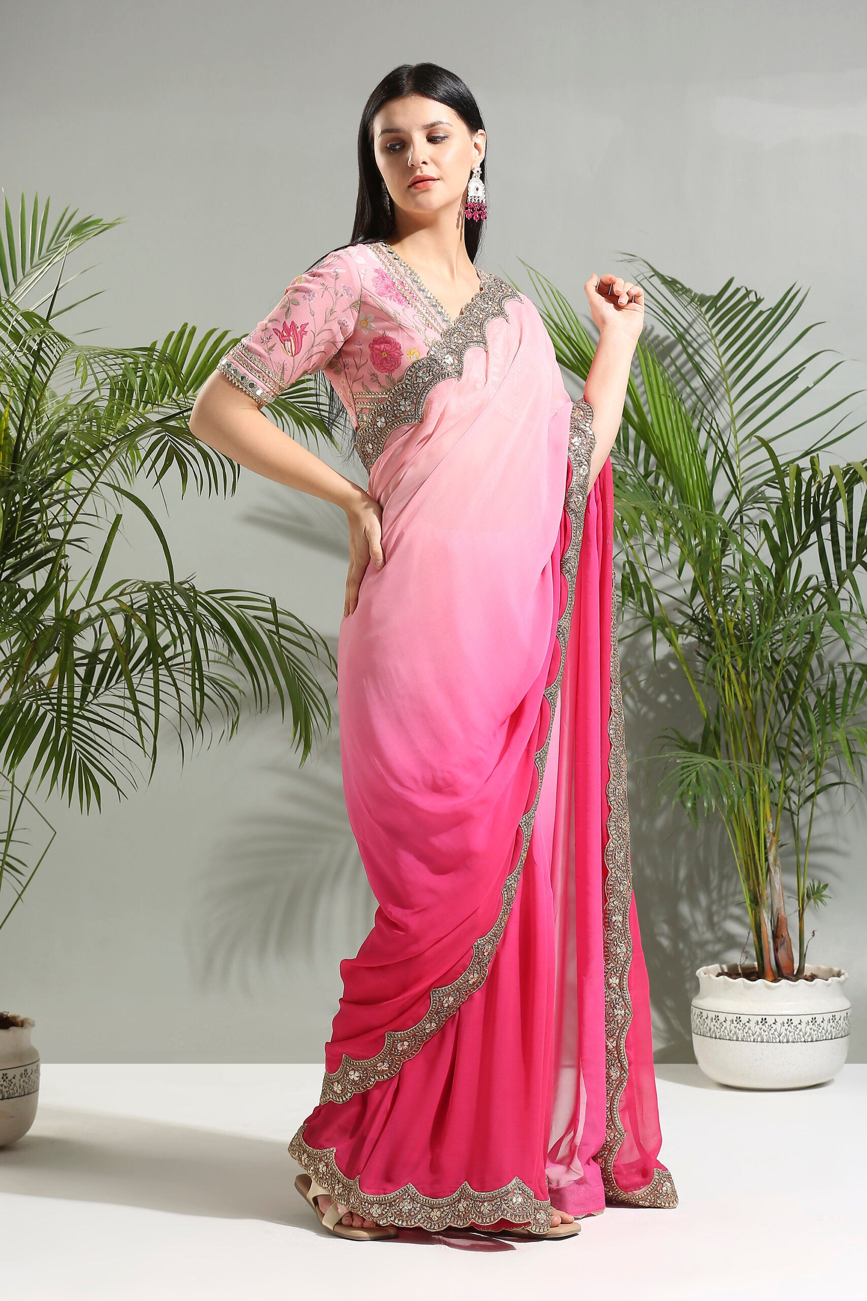 Pink Shaded Saree With Floral Blouse image 4