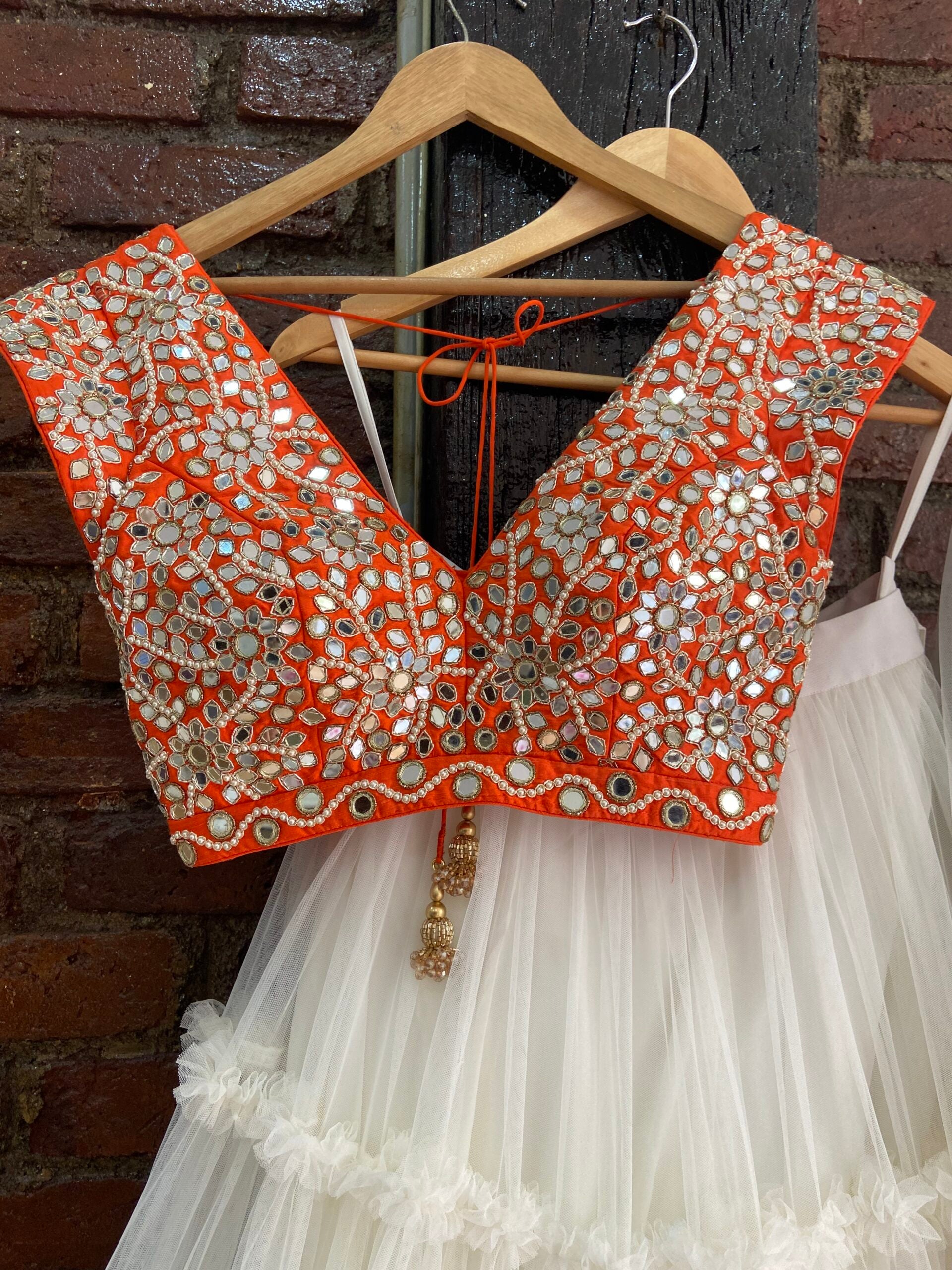 Ivory and Orange Tier Lehenga Set image 5