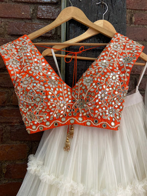 Ivory and Orange Tier Lehenga Set image 5