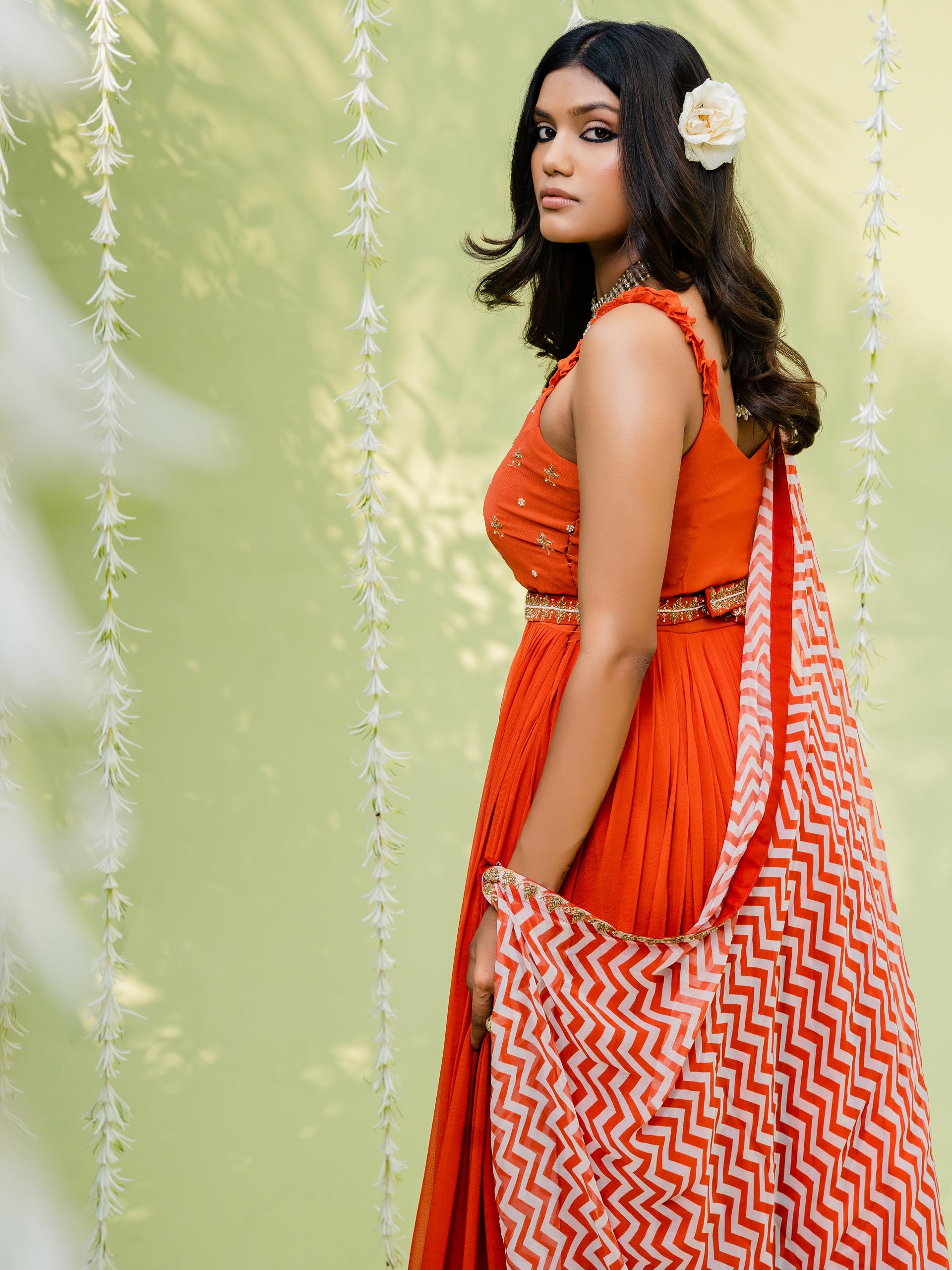 Red Orange Anarkali Set with Contrast Dupatta image 1