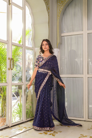 Navy Blue Embroidered Saree Set - XL image