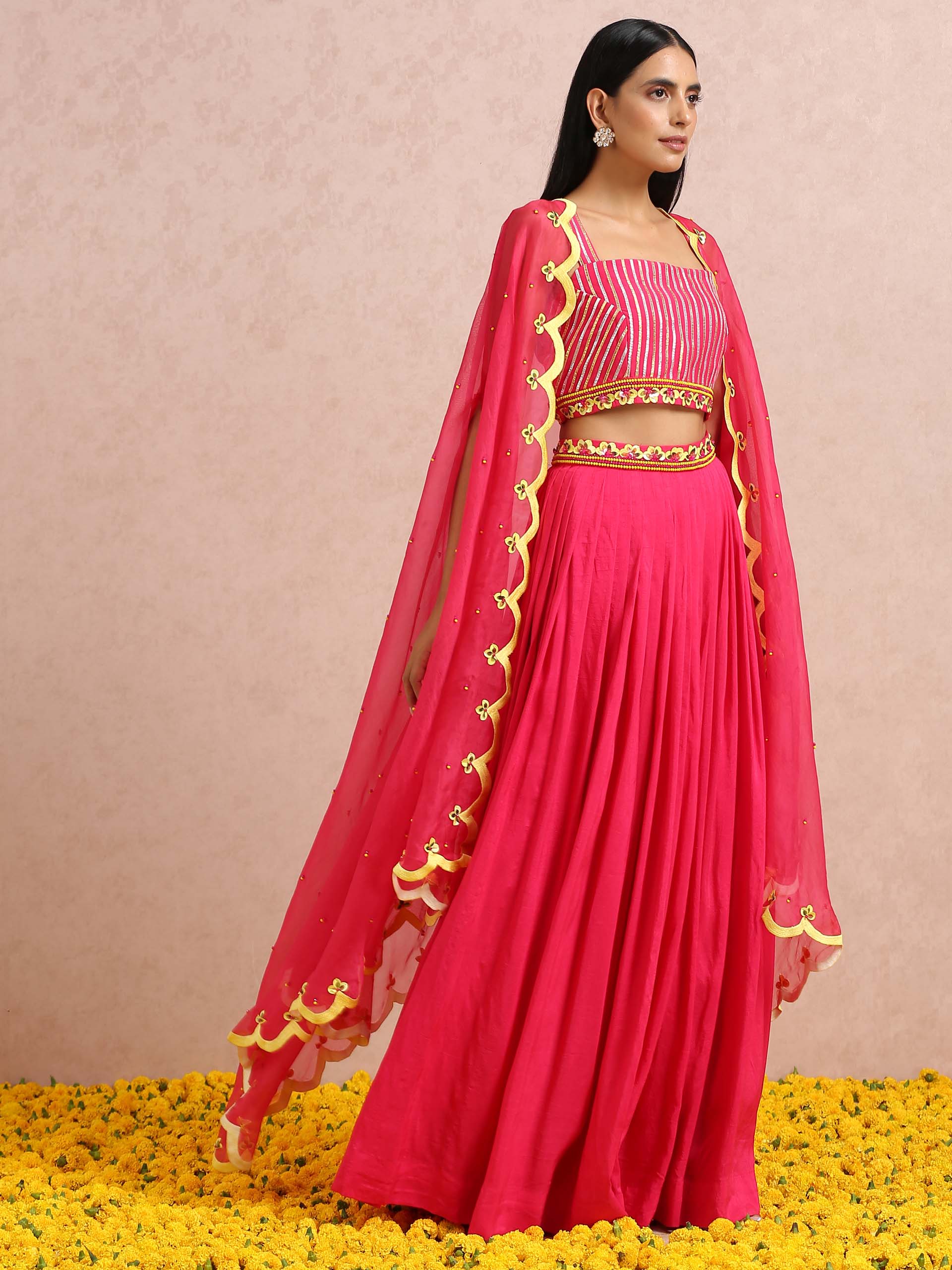 Fuchsia Embroidered Lehenga Set with Cape image 3