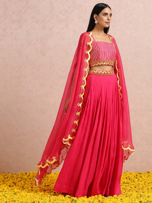 Fuchsia Embroidered Lehenga Set with Cape image 3