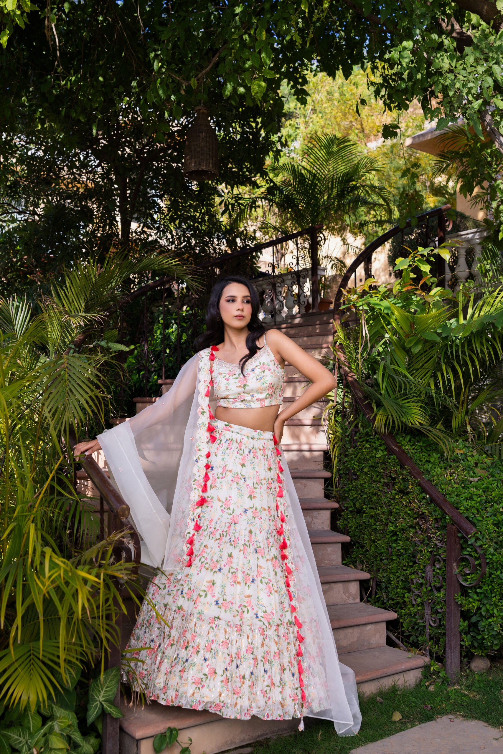 Off-White Floral Georgette Crepe Embroidered Tiered Lehenga Set image 0