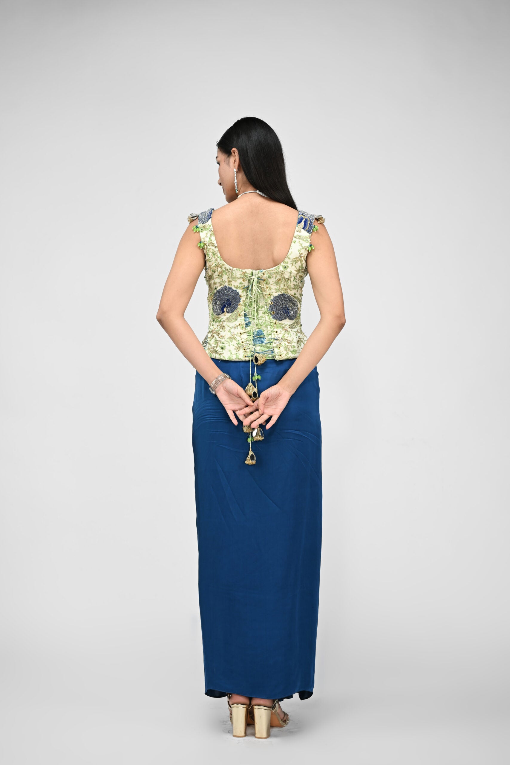 Peacock Highlighted Corset With Cowl Skirt image 2