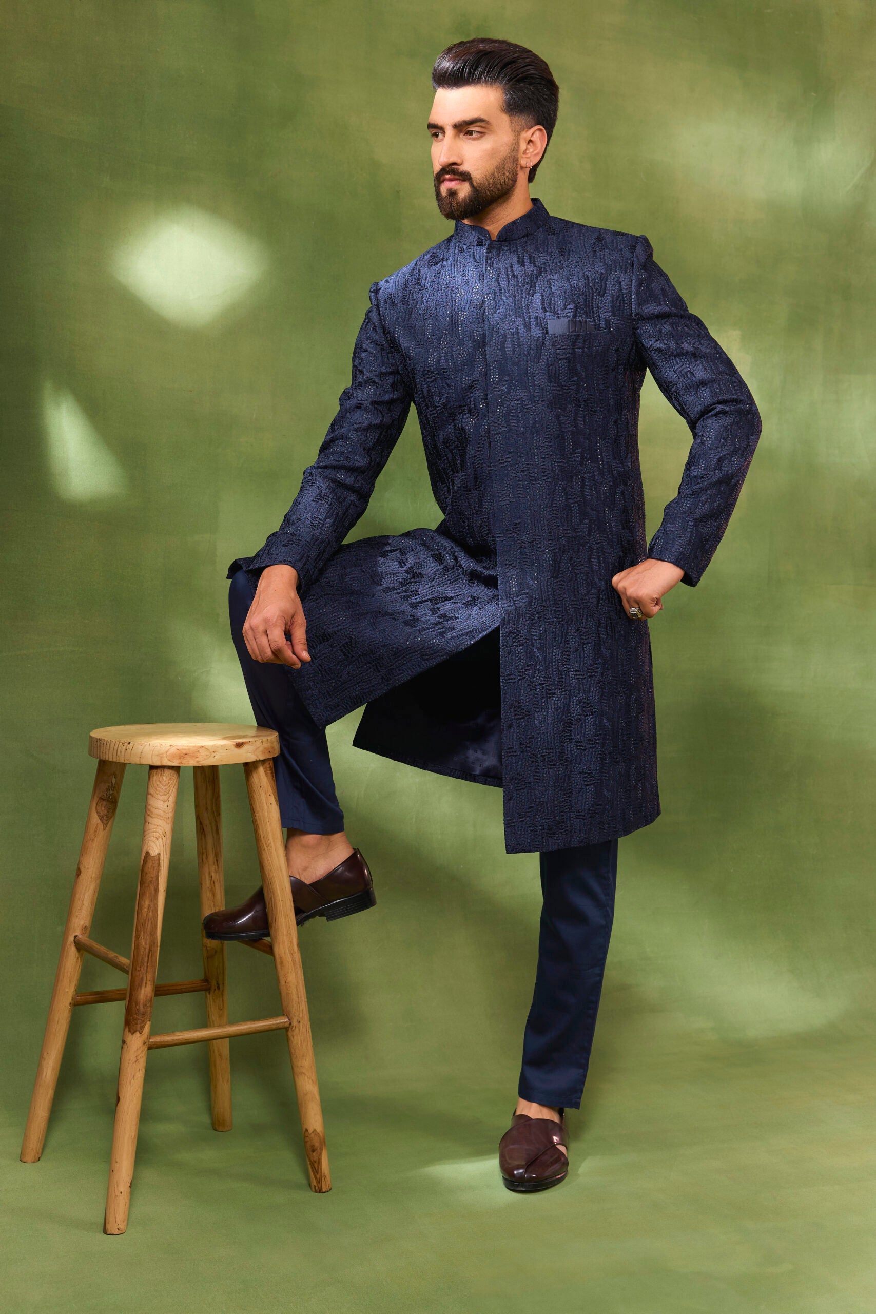 Dark Navy Sequin Embroidered Sherwani Set image 2