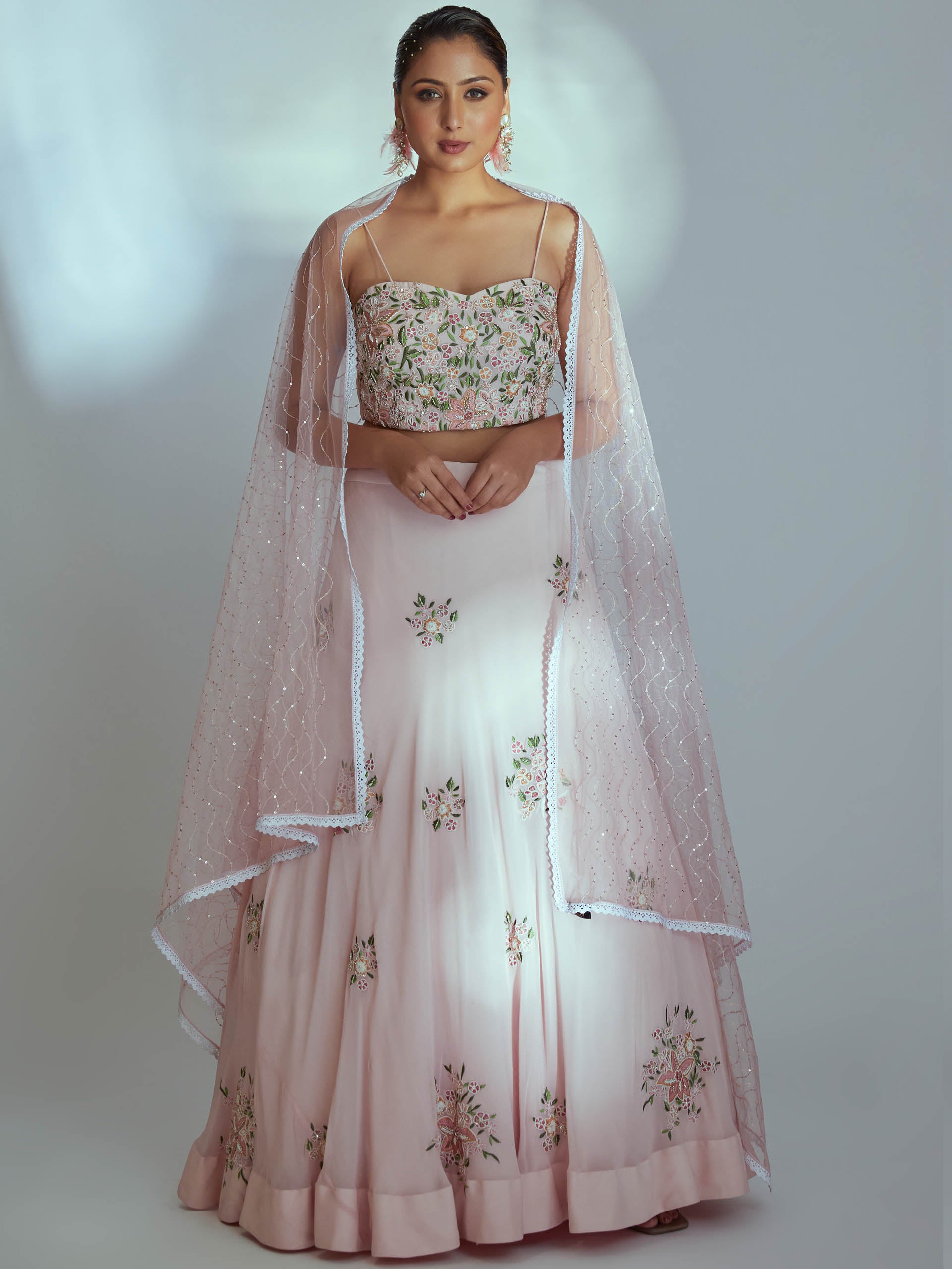 Light Pink Floral Garden Lehenga Set - S image