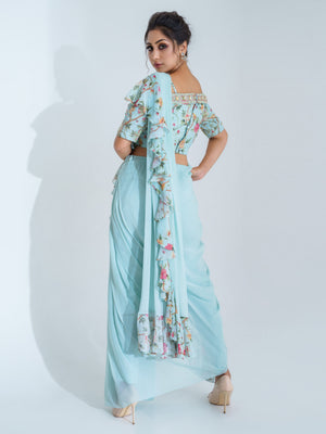 Pre Drape Light Blue Ruffle Saree Set image 1