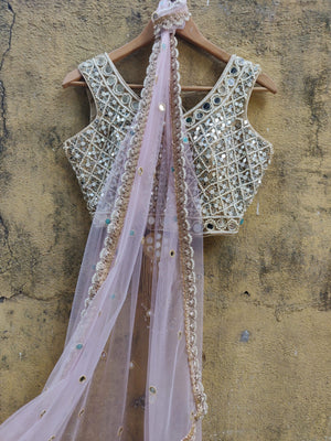 Dust Pink Net Saree with Pearl and Mirror Work Blouse image 1