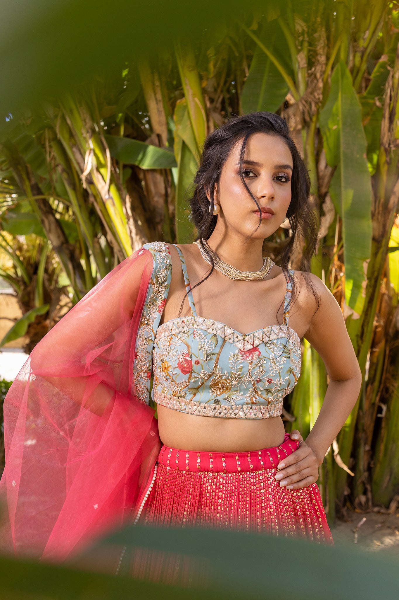 Coral Floral Georgette &amp; Net Embroidered Lehenga Set - Custom image