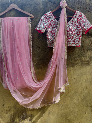 Blush Net Saree with Red Mirror Blouse - Custom image