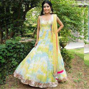 Blue and Yellow Tie Dye Anarkali - M image