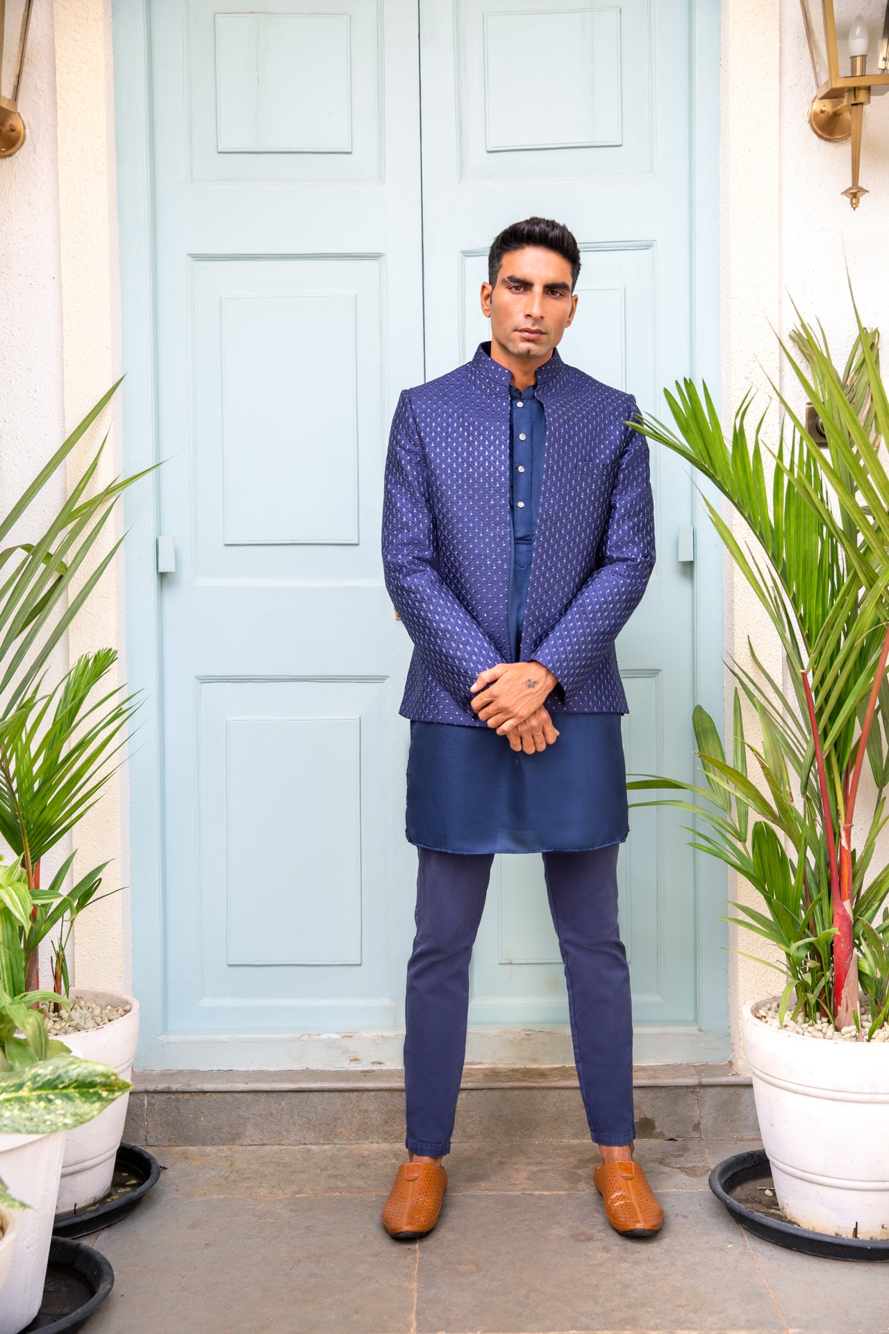 Navy Sequin Open Jacket Kurta Set image 1
