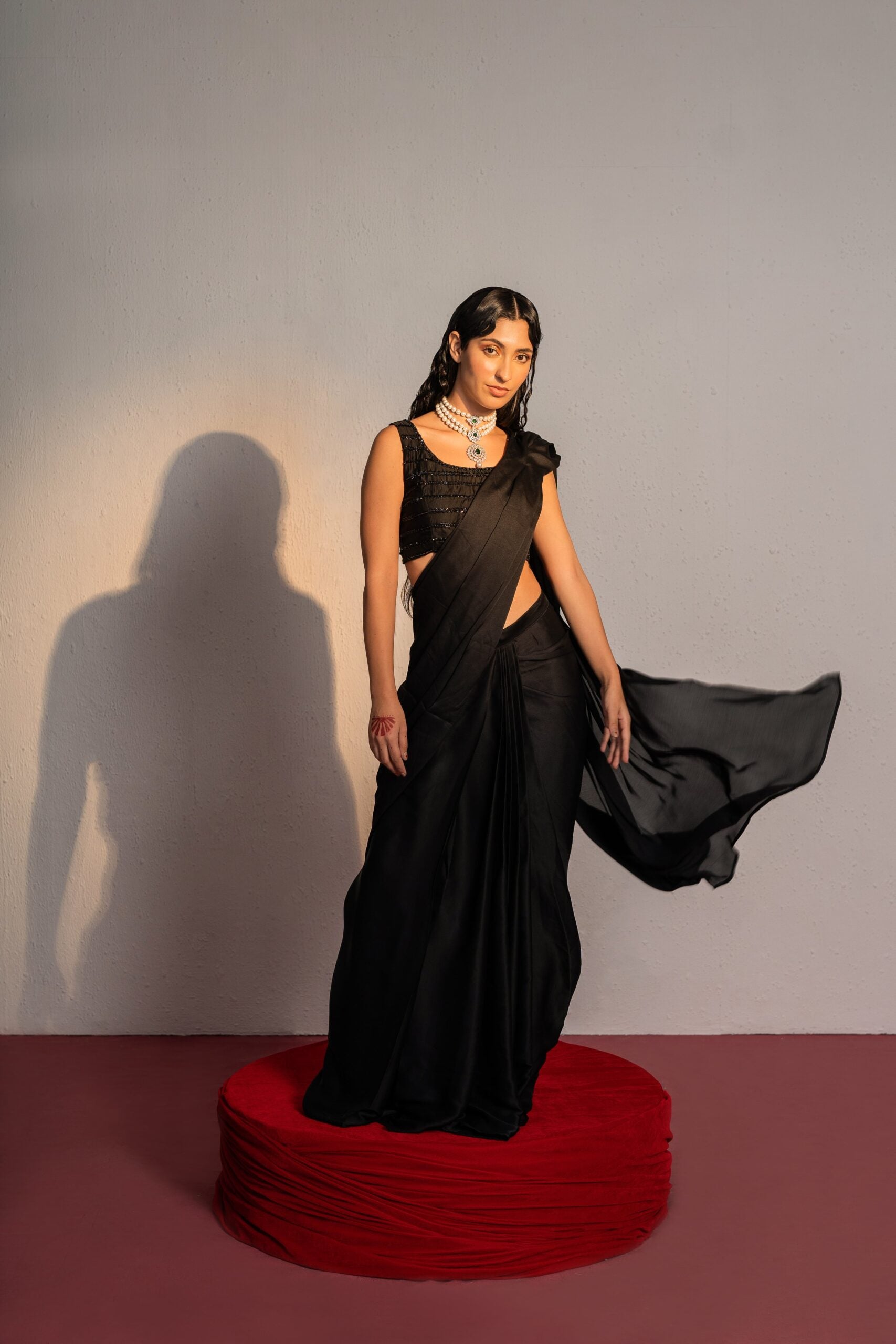 Black Embroidered Drape Saree Set image 6