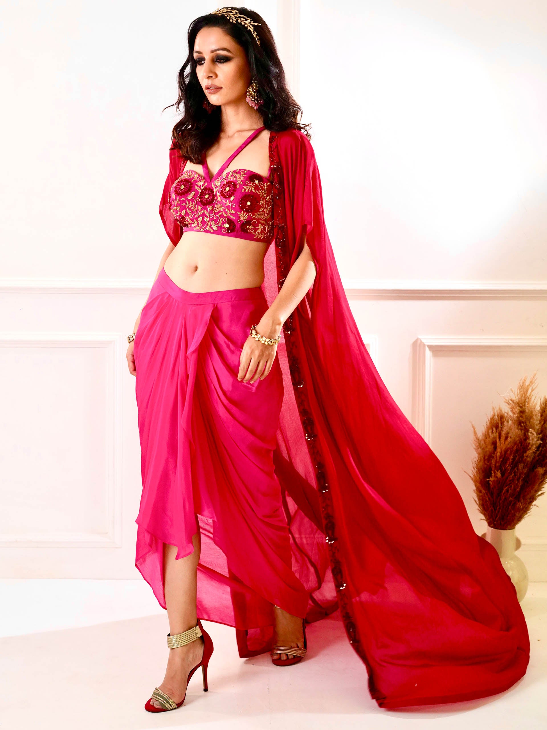 Shirin Pink Drape Skirt Set with Cape image 1
