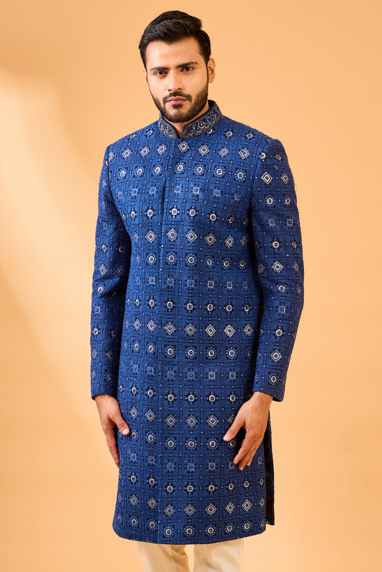 Navy Blue Embroidered Sherwani Set image 0