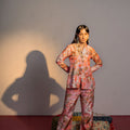 Coral Pink Print And Embroidered Blazer Suit Set image 0