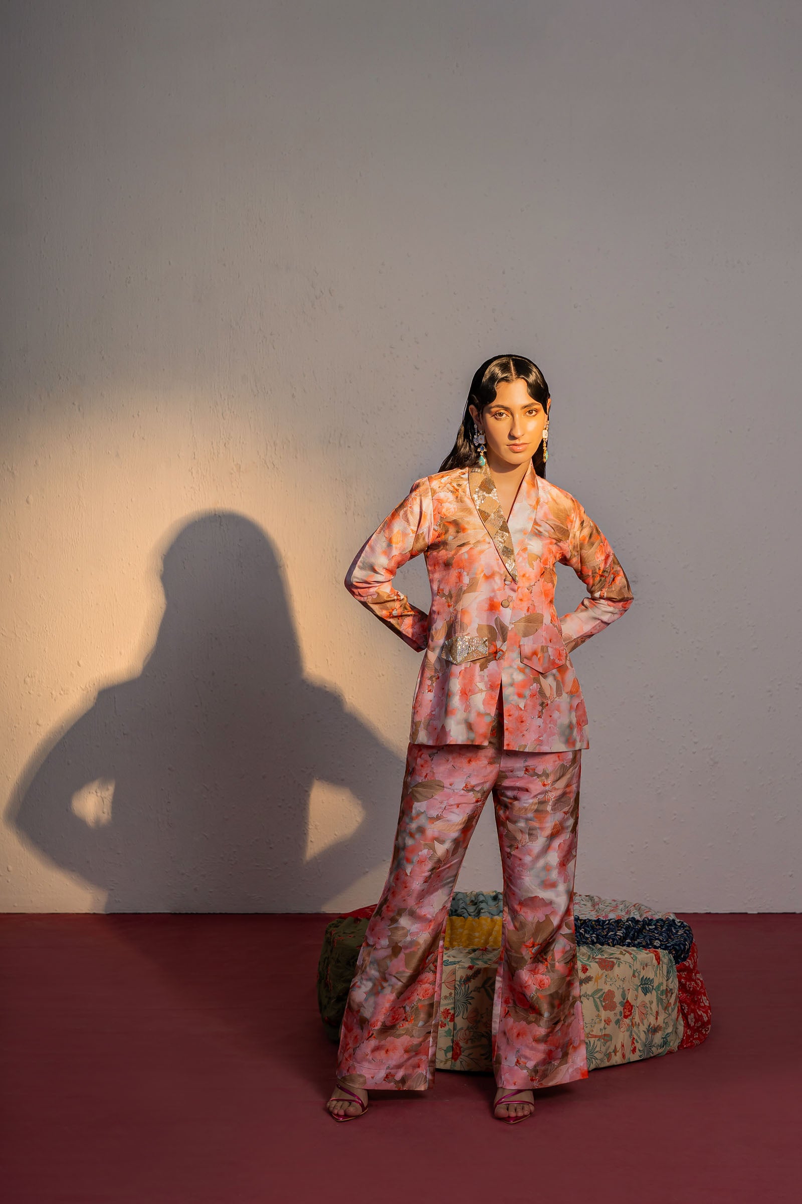 Coral Pink Print And Embroidered Blazer Suit Set image 0