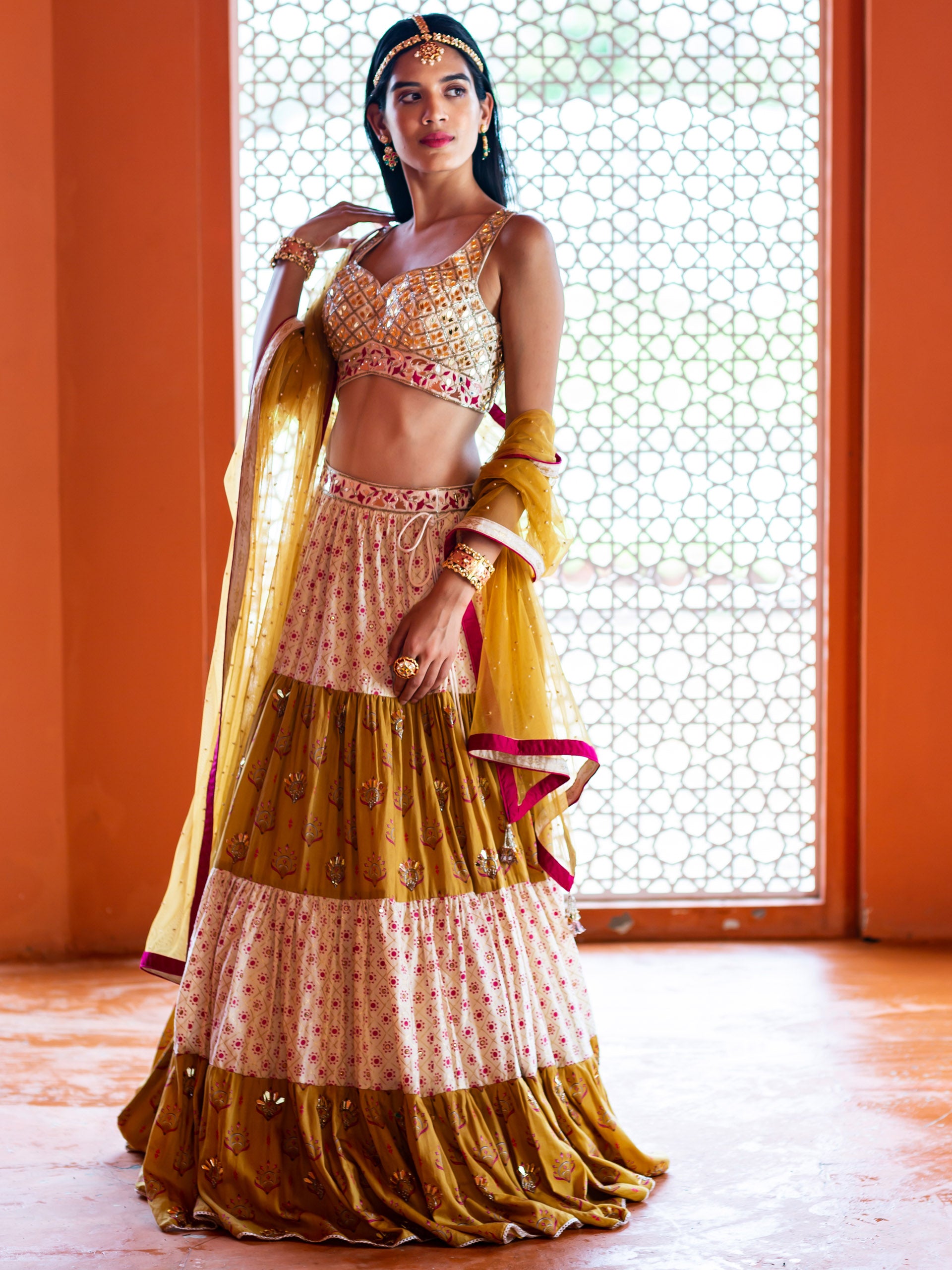 Mustard and Ivory Tiered Lehenga Set - Custom image