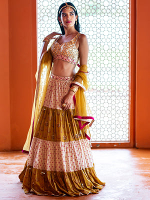 Mustard and Ivory Tiered Lehenga Set - Custom image