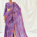 Violet Printed Embroidered Drape Saree Set image 0